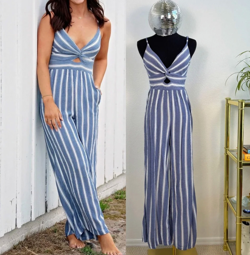Angie Blue And White Striped Comfortable Jumpsuit Size Large Summer Resort wear